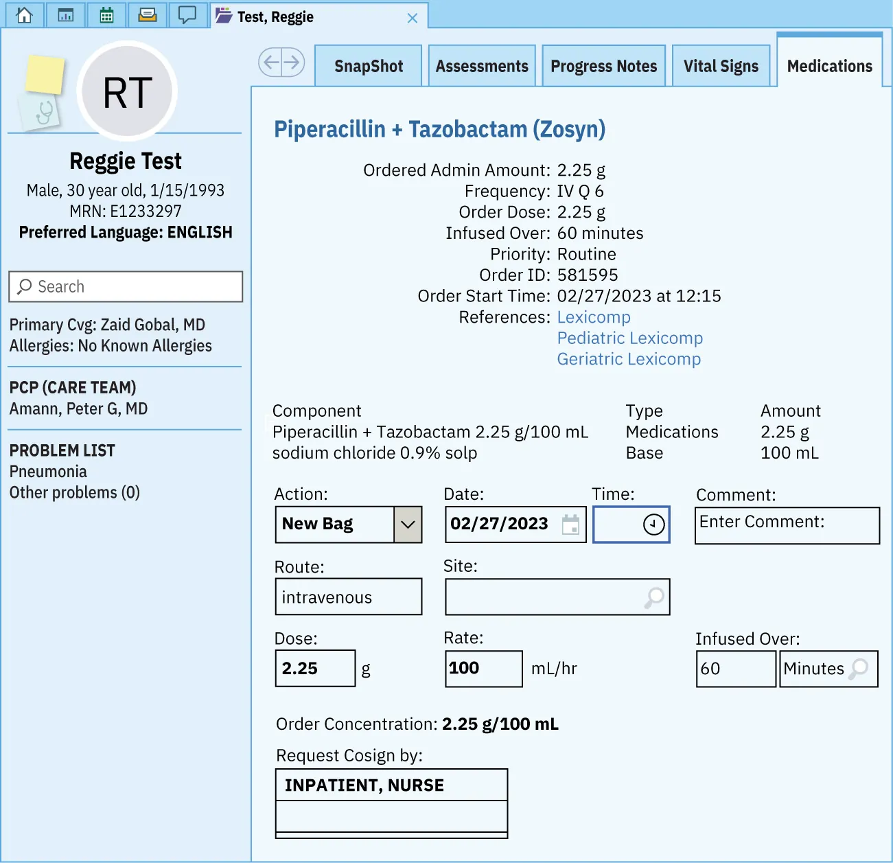 A snapshot of an electronic medication administration record showing patient name, personal information, and details around medication given.
