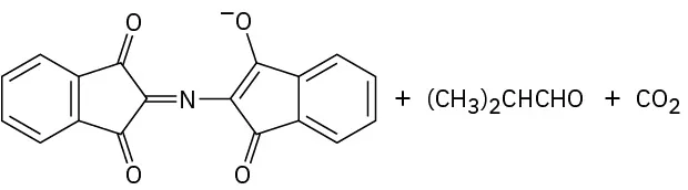 A benzene ring fused to cyclopentanedione linked to a double bond to a nitrogen to a cyclopentanedione with an oxygen ion fused to a benzene plus isobutyraldehyde plus carbon dioxide.