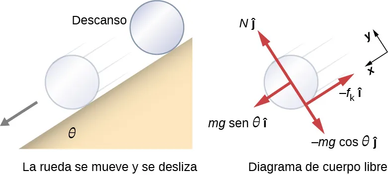 Diagrama de un cilindro que rueda y se desliza hacia abajo por un plano inclinado y diagrama de cuerpo libre del cilindro. A la izquierda hay una ilustración que muestra el plano inclinado, que forma un ángulo theta con la horizontal. El cilindro se muestra en reposo en la parte superior, y luego se mueve a lo largo de la inclinación cuando está más bajo. A la derecha hay un diagrama de cuerpo libre. El sistema de coordenadas x y está inclinado de manera que la dirección x positiva es paralela al plano inclinado y apunta hacia su parte inferior, y la dirección y positiva es hacia el exterior, perpendicular al plano. Se muestran cuatro fuerzas. N j hat actúa en el centro del cilindro y apunta en la dirección y positiva. m g seno theta i hat actúa en el centro del cilindro y apunta en la dirección x positiva. Menos m g coseno de theta por el vector j actúa en el centro del cilindro y apunta en la dirección de la y negativa. Menos f sub k por el vector i que actúa en el punto de contacto y apunta en la dirección de la x negativa.