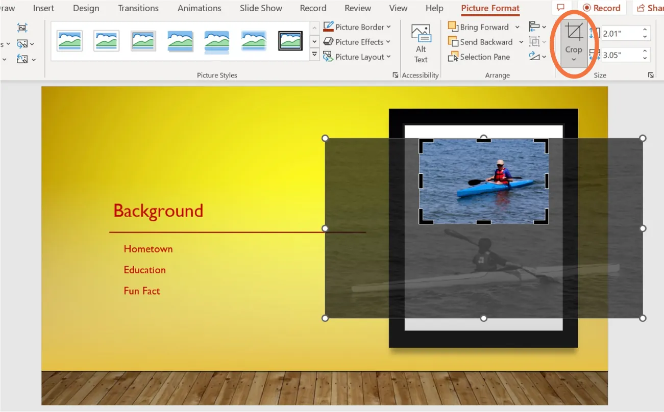 A PowerPoint screen is open. An image on the slide has been selected for cropping.
