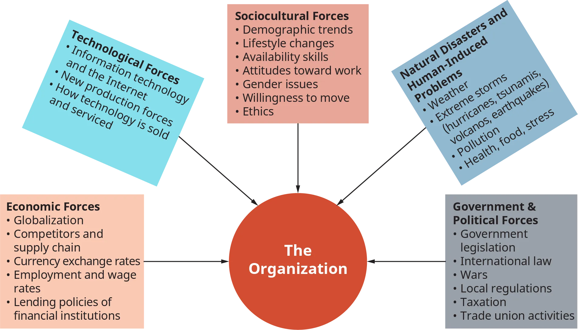 A diagram illustrates different types of macro environments and forces that affect organizations.