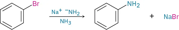 Bromobenzene reacts with sodium amide in the presence of ammonia to form aniline and sodium bromide.
