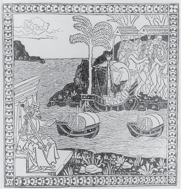 A woodcut shows King Ferdinand of Spain as a crowned, robed ruler seated on a throne, surrounded by land and sea. He points across the Atlantic, where Columbus lands with three large ships. A large group of Native Americans is shown on the shore.