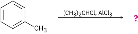 Toluene reacts with 2-chloropropane in the presence of aluminum trichloride to form unknown product(s), depicted by a question mark.