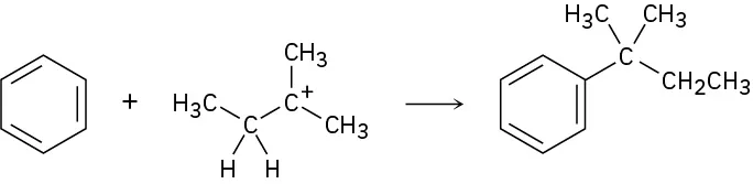 Benzene reacts with a tertiary carbocation alkyl group to form a product where the alkyl group is attached to the benzene ring.