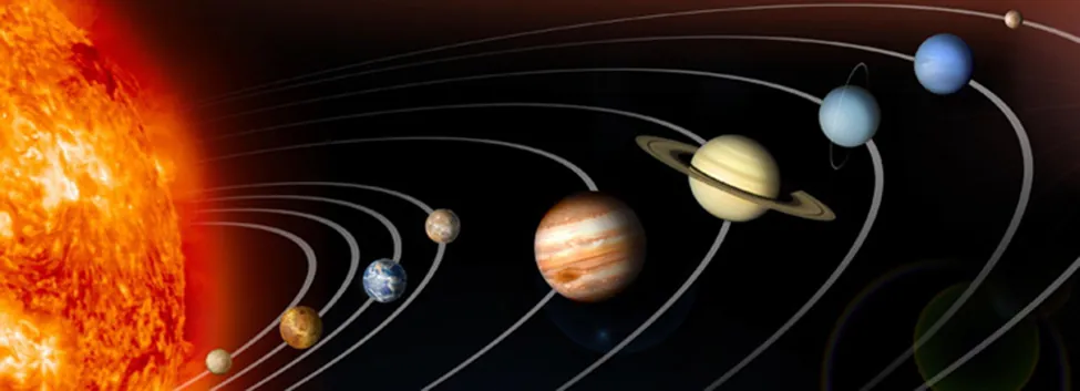 An illustrative depiction of our solar system, showing the sun and various planets, including Earth, Jupiter, and Saturn, in their orbital paths.