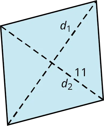 A rhombus with two diagonal lines labeled d subscript 1 and d subscript 2. The line, d subscript 2 measures 11.