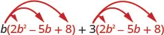 The sum of two products, the product of b and 2 b squared minus 5 b plus 8, and the product of 3 and 2 b squared minus 5 b plus 8.