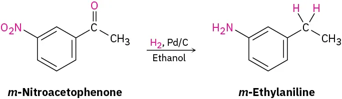 Meta-nitroacetophenone reacts with hydrogen in the presence of palladium on carbon to yield meta-ethylaniline.