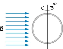 Figure shows a circular loop of wire mounted on a vertical shaft and rotated in a region of uniform magnetic field perpendicular to the axis of rotation.