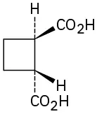 The structure of trans-1,2-cyclobutanedicarboxylic acid. C O O H groups are attached to C 1 and C 2 of a cyclobutane ring, trans to one another.
