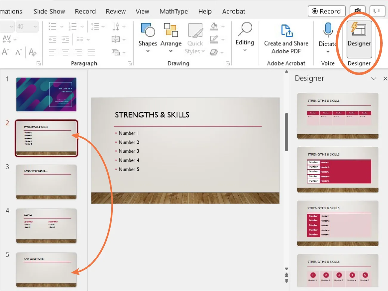 Designer in the Designer command group is selected. Slides 2-5 are a similar style (red, brown, and beige), while slide 1 is a different style (purple and green).