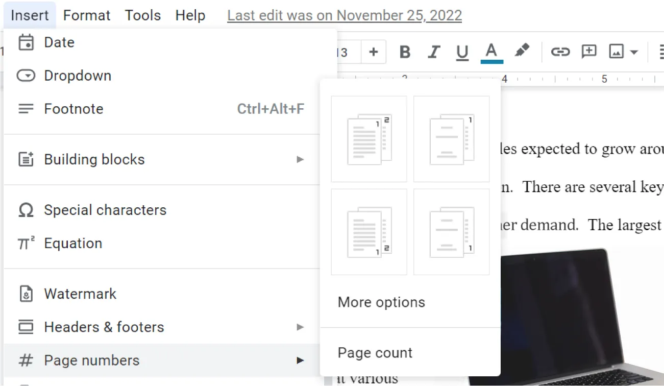 Insert tab opens to Page number option that opens to choices of locations for placing the numbers in the document (various locations and combinations displayed). More options and Page count also available.