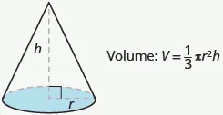 An image of a cone is shown. The height is labeled h, the radius of the base is labeled r. Beside this is Volume: V equals one-third times pi times r squared times h.