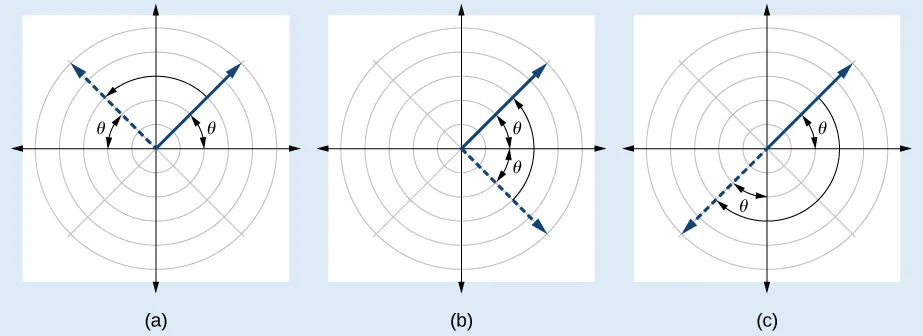 3 gráficos uno al lado del otro. (A) muestra un rayo que se extiende en Q 1 y su versión simétrica en Q 2. (B) muestra un rayo que se extiende en Q 1 y su versión simétrica en Q 4. (C) muestra un rayo que se extiende en Q 1 y su versión simétrica en Q 3. Para obtener más información, consulte el pie de foto.