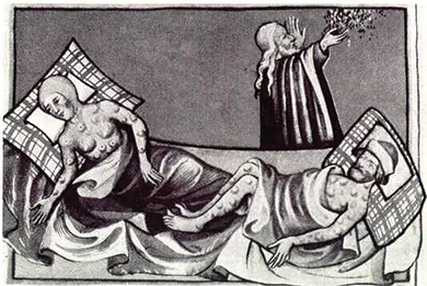 An illustration depicts two bedridden victims, a man and a woman, whose bodies are covered with the swellings characteristic of the Black Death. Another man walks by holding a handful of herbs or flowers.