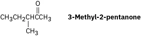 The structure of 3-methyl-2-pentanone. It is a five-carbon chain with keto group on C 2 and methyl group on C 3.