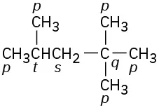 The molecular structure of 2,2,4-trimethylpentane featuring five primary carbons, one secondary carbon, one tertiary carbon, and one quaternary carbon.