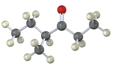 A ball and stick model of a six-membered chain connected to different groups. Carbon, hydrogen, and oxygen are shown as gray, white, and red spheres, respectively.
