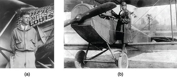 Photograph (a) shows Charles Lindbergh standing in front of a plane labeled “Spirit of St. Louis.” Photograph (b) shows Bessie Coleman posing on the wheel of a plane.