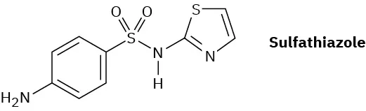 The structure of sulfathiazole, which is aniline connected to a sulfonyl to an N H to a cyclopentadiene with nitrogen and sulfur atoms.