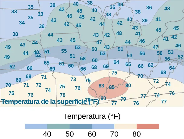 Unas líneas de contorno que muestran la temperatura de la superficie en grados Fahrenheit. Dado el mapa, la regla del punto medio daría rectángulos con valores 71, 72, 40 y 43.