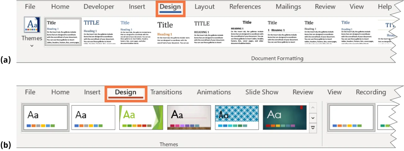 (a) Word Design tab selected. The command group Document Formatting displays various document Themes for selection. (b) PowerPoint Design tab selected. The command group Themes displays various document theme options for selection.
