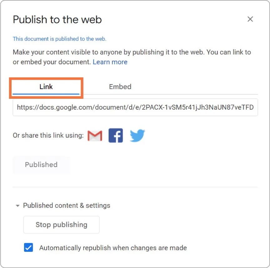 Link tab is selected in a Publish to the web window. A link is visible and Published reads below it. A checkable box for Automatically republish when changes are made is selected.