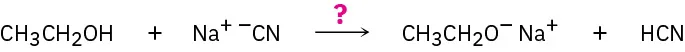 Ethanol and sodium cyanide with an arrow pointing toward products sodium ethoxide and hydrocyanic acid. There is a question mark over the arrow.