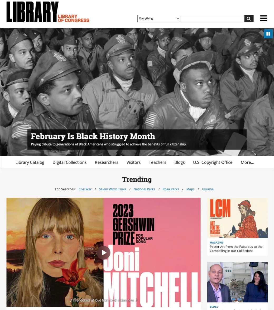 A Library of Congress web page is visible. Options include: a search bar, Black History Month articles, Trending options, Magazines, and Blogs.