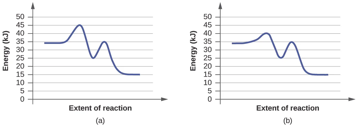 In this figure, two graphs are shown. The x-axes are labeled, “Extent of reaction,” and the y-axes are labeled, “Energy (k J).” The y-axes are marked off from 0 to 50 at intervals of 5. In a, a blue curve is shown. It begins with a horizontal segment at about 34. The curve then rises sharply near the middle to reach a maximum of about 45, then sharply falls to about 25, again rises sharply to about 35 and falls to another horizontal segment at about 15. In b, the curve begins and ends similarly, but the first peak reaches about 40, drops to 25, then rises to 35 before falling to the horizontal region at about 15.