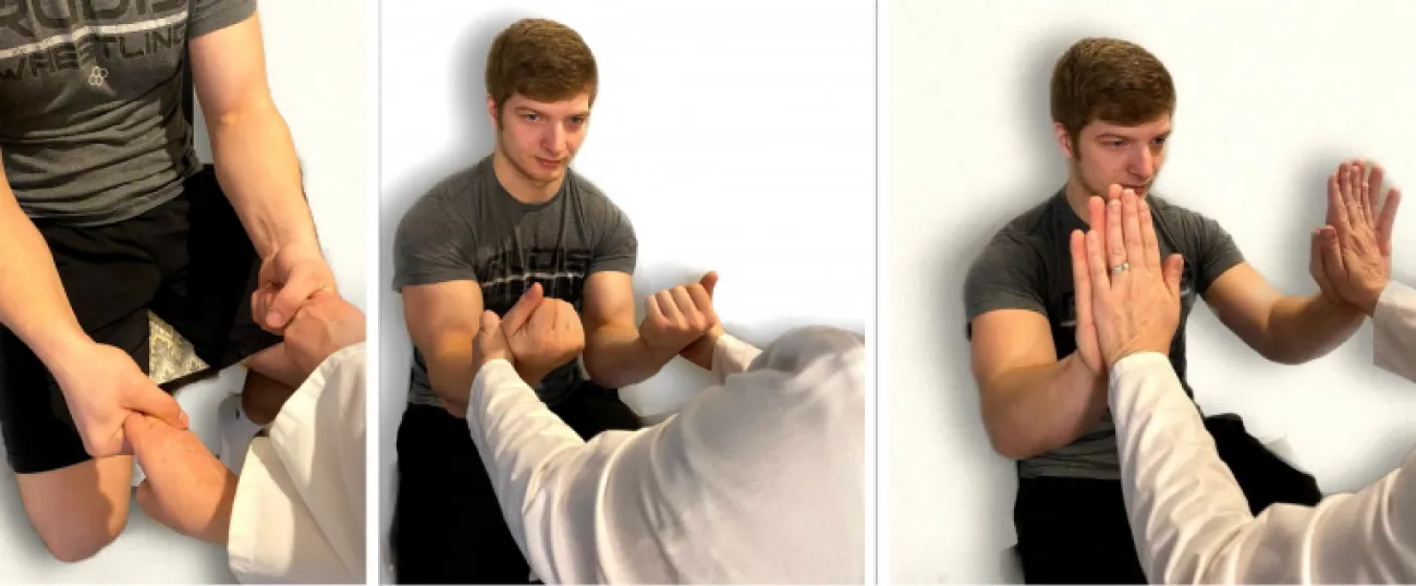 A nurse tests a patient’s strength by having the patient squeeze the nurse’s fingers, resist the nurse pulling their arms, and pressing their palms against the nurse’s.
