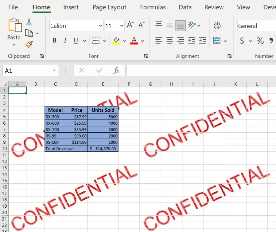 Diagonally across the spreadsheet, the word CONFIDENTIAL is shown four times behind the data in capital, red font.