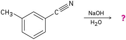 Conversion of 3-methylbenzonitrile to unknown products depicted by a question mark by reaction with sodium hydroxide and water.