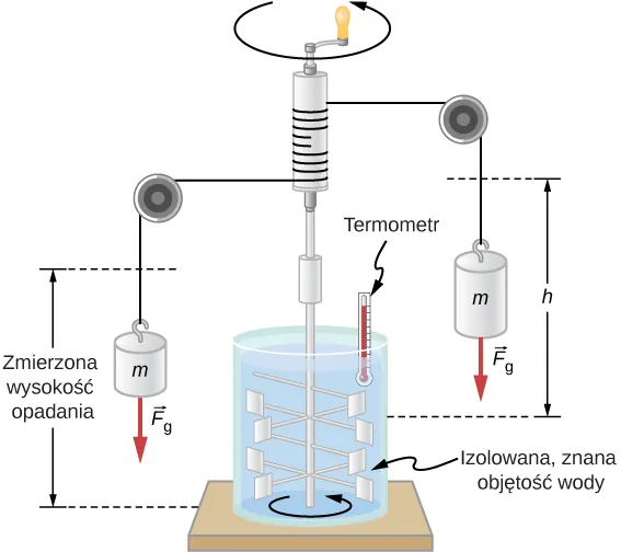 Odizolowany cylindryczny zbiornik wypełniony jest wodą o znanej objętości. Zanurzony jest w nim pionowy pręt. Posiada on wiosła mogące mieszać wodę jeżeli pręt wprawiony jest w ruch rotacyjny. Górna część pręta znajduje się poza wodą. Pręt jest ciasno opasany sznurkiem a do obu jego końców przymocowane są wielokrążki utrzymujące ciężarki po obu jego stronach. Dźwignia na górze służy do obracania prętem. W wodzie umocowany jest termometr. Odległość od środka ciężarka do wiosła u podstawy zbiornika wyrażona jest poprzez wzrost obniżenia. 