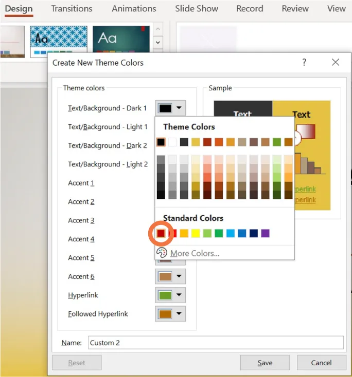 A PowerPoint screen is open to the Design tab. There is an additional window open for new theme colors. There is a red circle around the first standard color.