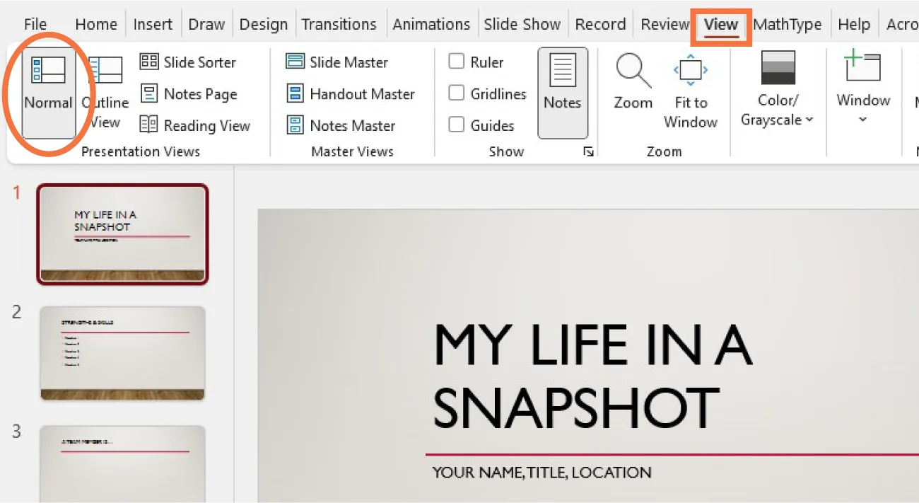 A screenshot of the View Tab with Normal selected in the Presentation Views command group. Thumbnails of the presentation pages are visible at the left.