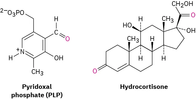 The structure of pyridoxal phosphate (P L P) and wedge-dash structure of hydrocortisone.