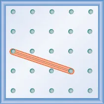 The figure shows a grid of evenly spaced pegs. There are 5 columns and 5 rows of pegs. A rubber band is stretched between the peg in column 1, row 3 and the peg in column 4, row 4, forming a line.
