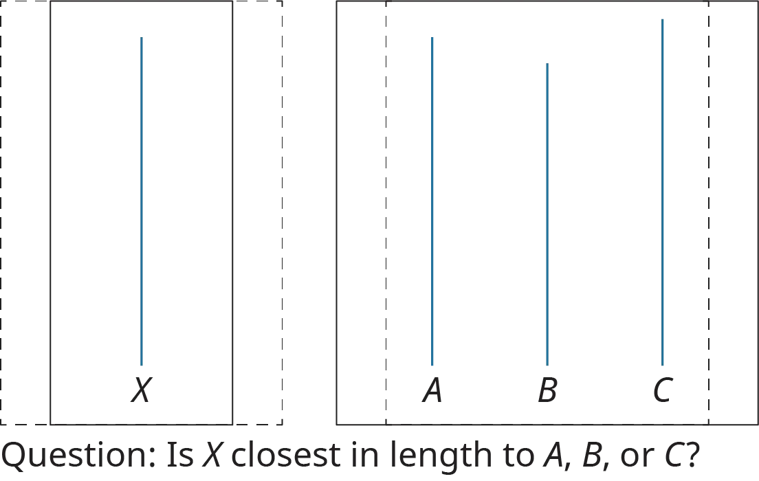 An illustration shows a pair of cards used in Asch’s experiment in group pressure and individual judgment.