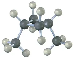 The ball and stick model of cis 1,3-dimethylcyclobutane. C1 and C3 are each bonded to a methyl group at the bottom.