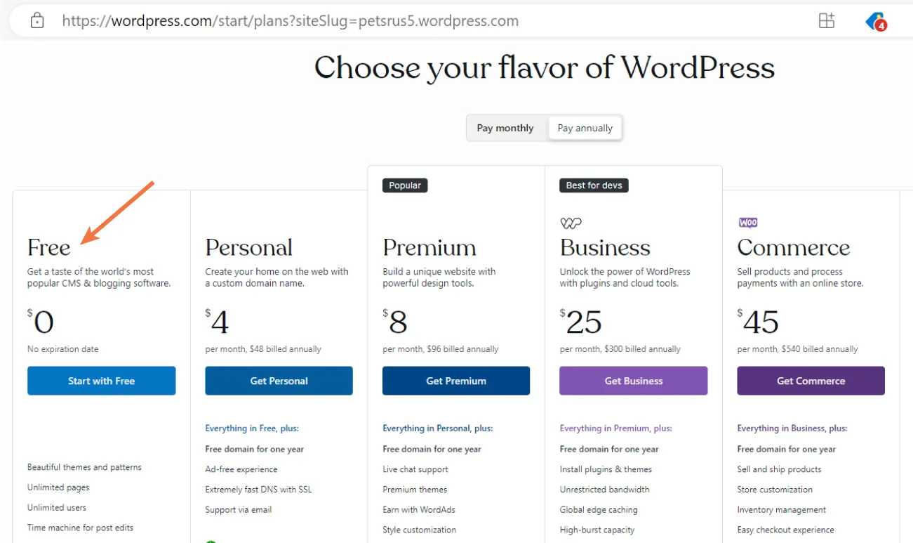 A WordPress page displays various monthly and annual purchase plans.