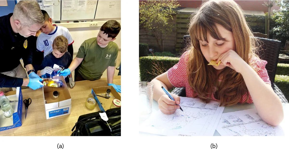 Photo of (a) adult and children conducting an experiment in a classroom and (b) a child working on homework outside.