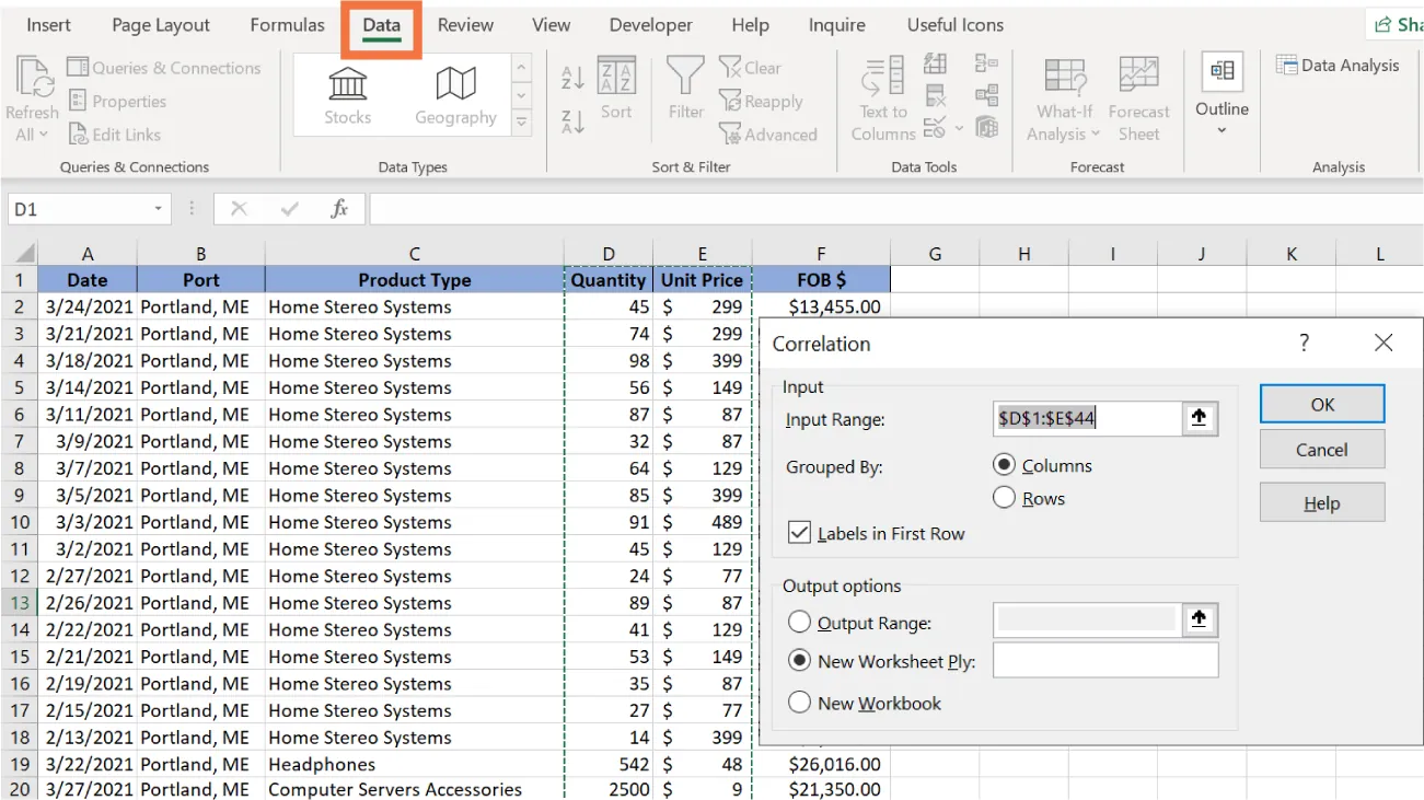 Data tab selected. Correlation pane displays Input category options: Input Range: ($D$1:$E$44), Grouped By: (Columns), Labels in First Row (checked). Output options selected: New Worksheet Ply:. Spreadsheet columns D and E selected.