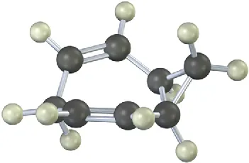 A ball-and-stick model of cycloheptane with two double bonds connected to cyclopropane linked to two hydrogen atoms. Carbon and hydrogen are represented using black and gray spheres respectively.