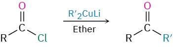 An acid chloride reacts with diorganocopper-lithium (Gilman reagent) in ether to form an ester.