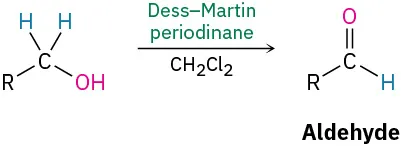 A primary alcohol reacts with Dess-Martin periodinane and methylene chloride to form an aldehyde.
