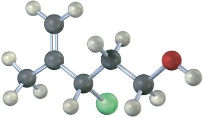 A ball-and-stick model of an alkyl chloride having a double bond. The gray, black, and green spheres represent hydrogen, carbon, and chlorine, respectively.