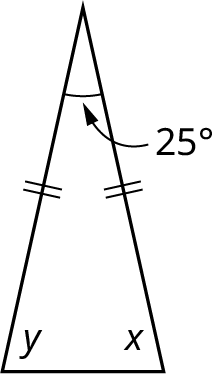 A triangle with two equal sides. The angles are marked 25 degrees, x, and y.