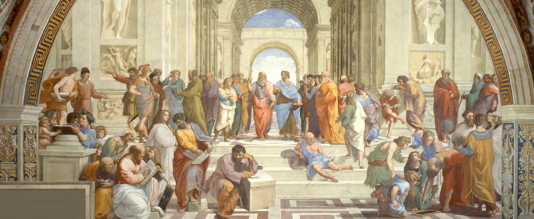 An engraving shows the interior of The School of Athens by Raphael.